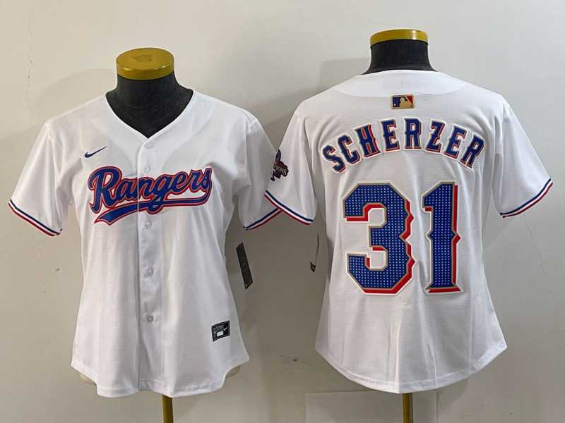 Women%27s Texas Rangers #31 Max Scherzer White 2024 Gold Collection Limited Cool Base Jersey